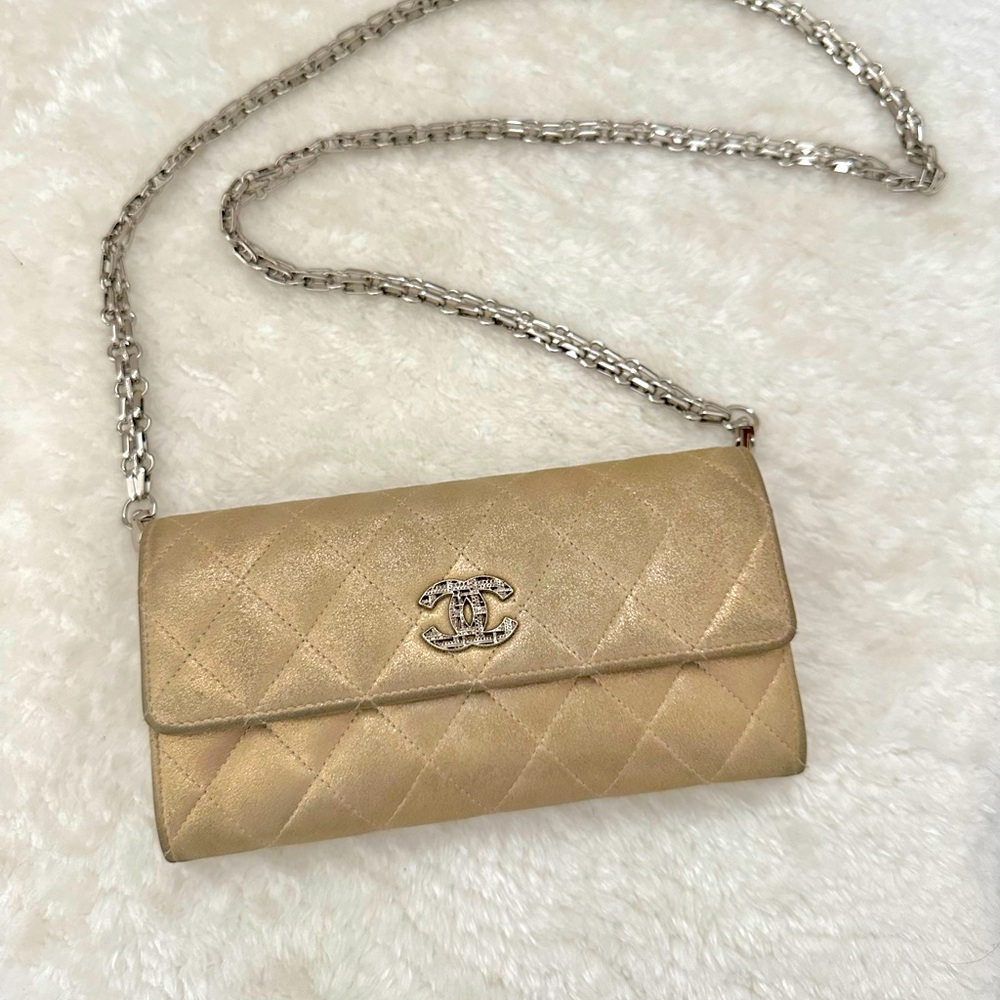 Chanel Gold Suede Leather Wallet On Chain